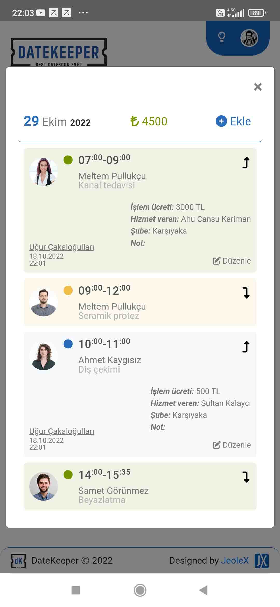 Datekeeper randevu listeleme görünümü